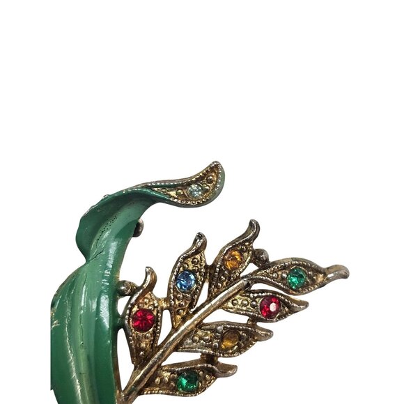 Vintage Enamel Tulip Brooch With Rhinestones Gold-Tone Floral Pin Green & Multic - Picture 3 of 16